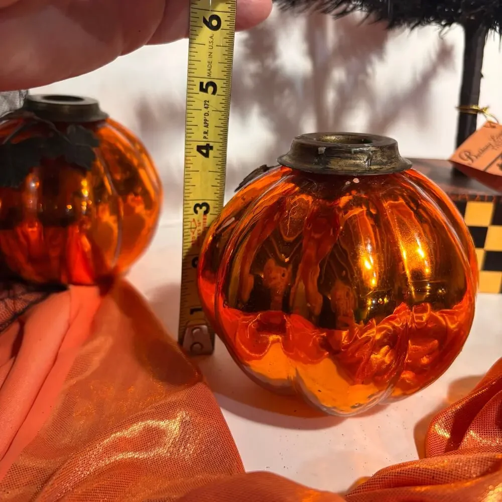 Pair of Orange Mercury Glass Pumpkin Shaped Candle Holders 4 inches